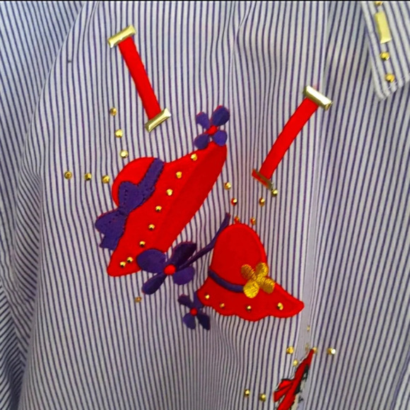 Red Hat Society Purple & White Stripes with Appliques / Bling Button Down Shirt - Picture 4 of 13